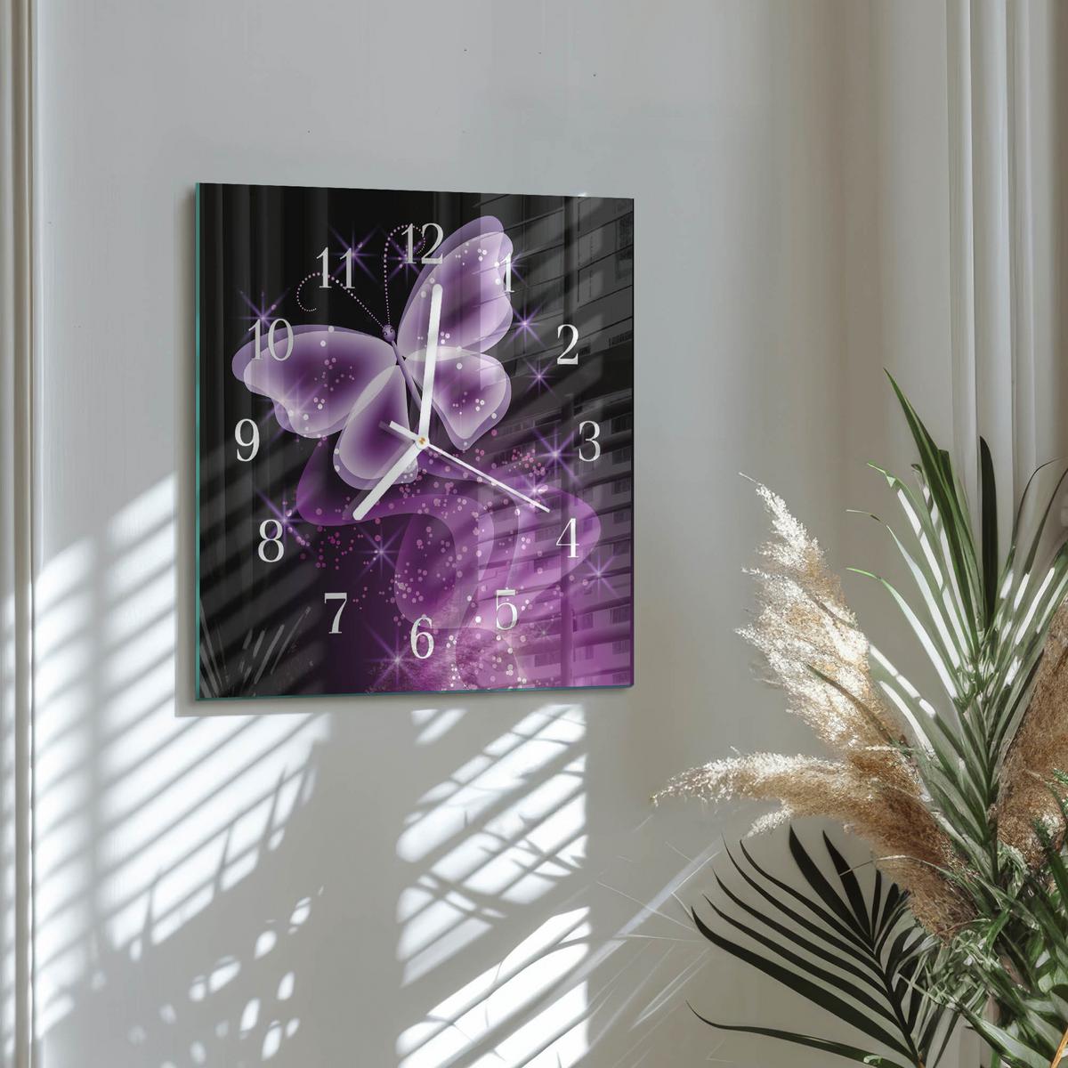 WANDUHR aus Glas 30x30 cm - Schmetterling - Lila, Glas (30/30/0.4cm) - TULUP