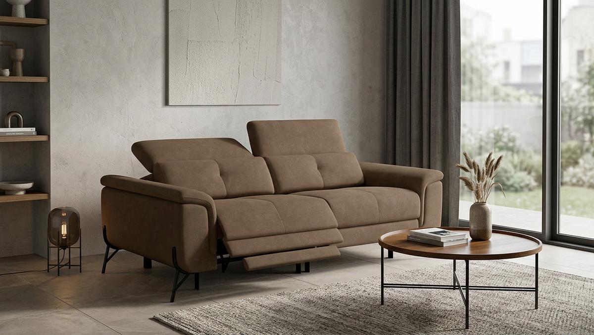 SOFA RELAX AVENA 3-Sitzer, brauner Veloursstoff - Schwarz/Braun, Holz/Textil (204/80/108cm) - Courtois Laville