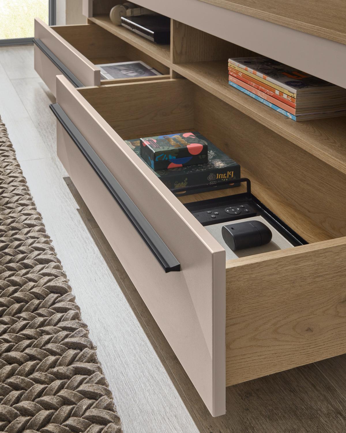 WOHNWAND Kaschmir, Eiche 4-teilig 240 cm, Wohnkombination mit Soft-Close - Kaschmir/Eichefarben, Glas/Holzwerkstoff (240/200/42cm) - Furn.Design