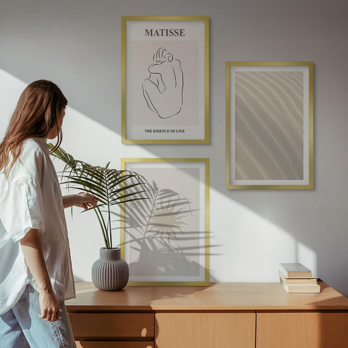 BILDER SET 3er Set - 40x60 cm Goldrahmen - Minimalistische Sandlinien Sonne - Goldfarben, Kunststoff (40/60cm) - TULUP