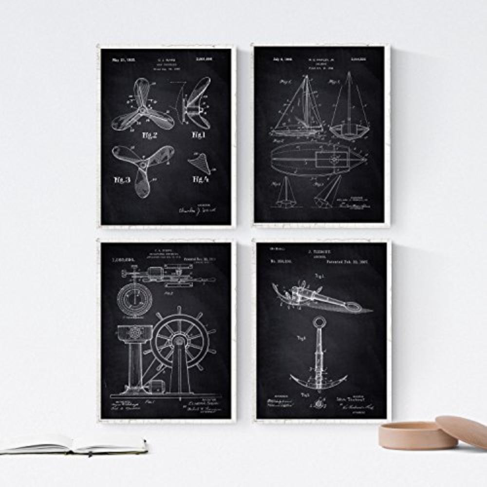 POSTER Set mit 4 Schwarz Patenten Booten A4 Schwarzer Rahmen - Schwarz, Papier (29.7/3cm) - Nacnic