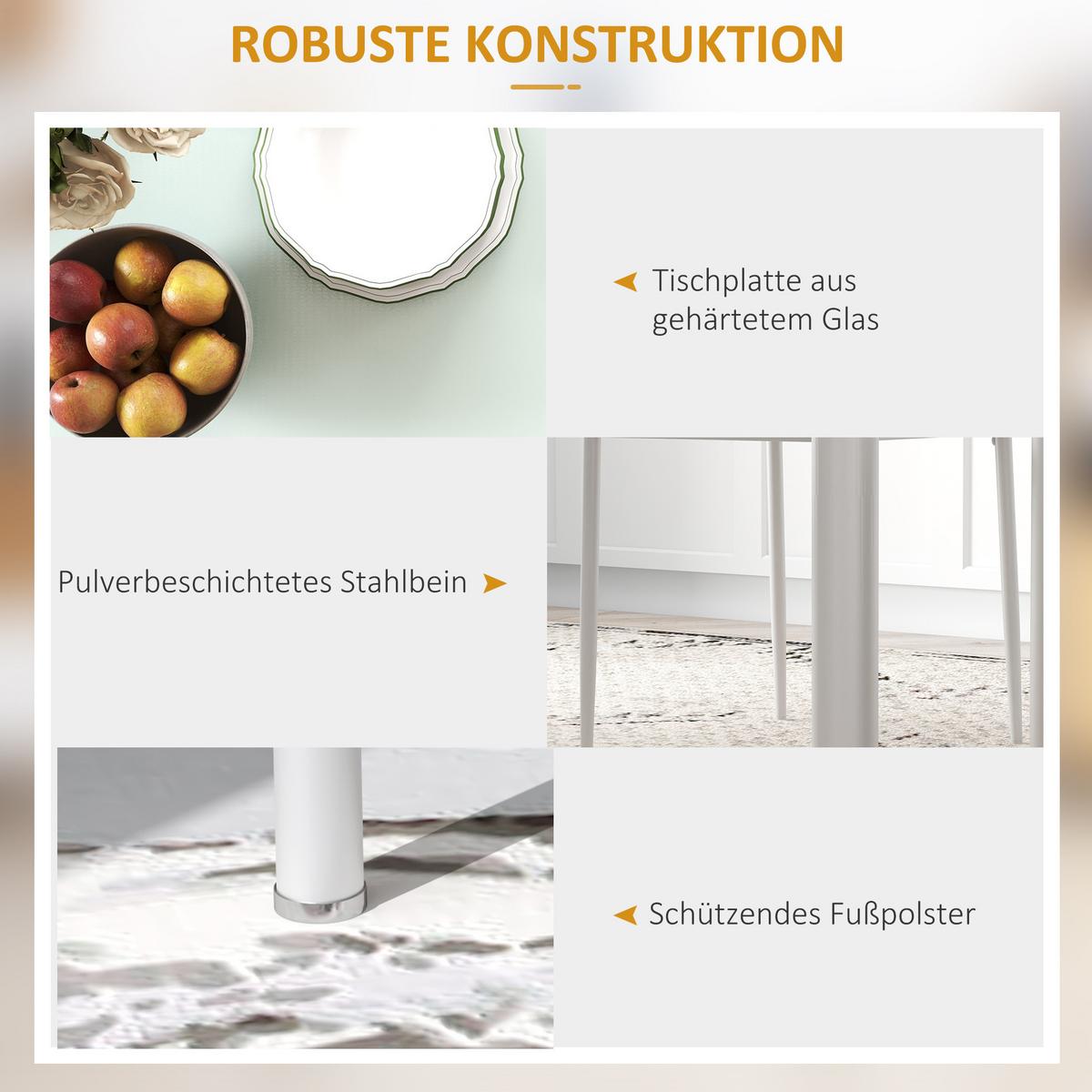 5-TLG. Essgruppe, Esstisch mit 4 Stühlen, Küchentisch mit Hartglasplatte Weiß - Weiß, Kunststoff (60/97/120cm) - HOMCOM
