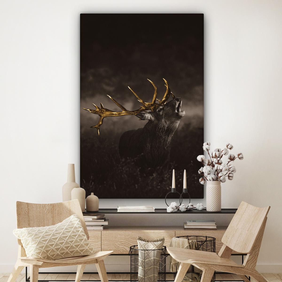 LEINWANDBILD Rotwild - Schwarz - Gold Deko Groß 90x140 cm - Braun, Textil (90/140cm) - MuchoWow