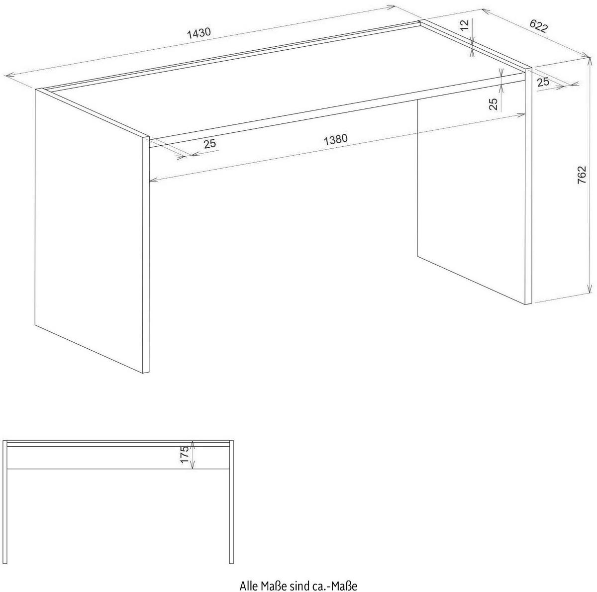 SCHREIBTISCH weiß matt, Eiche Wotan 143 x 62 cm, Laptoptisch mit großer Arbeitsfläche - Eiche Wotan/Silberfarben, Holzwerkstoff/Kunststoff (143/62/76cm) - Furn.Design