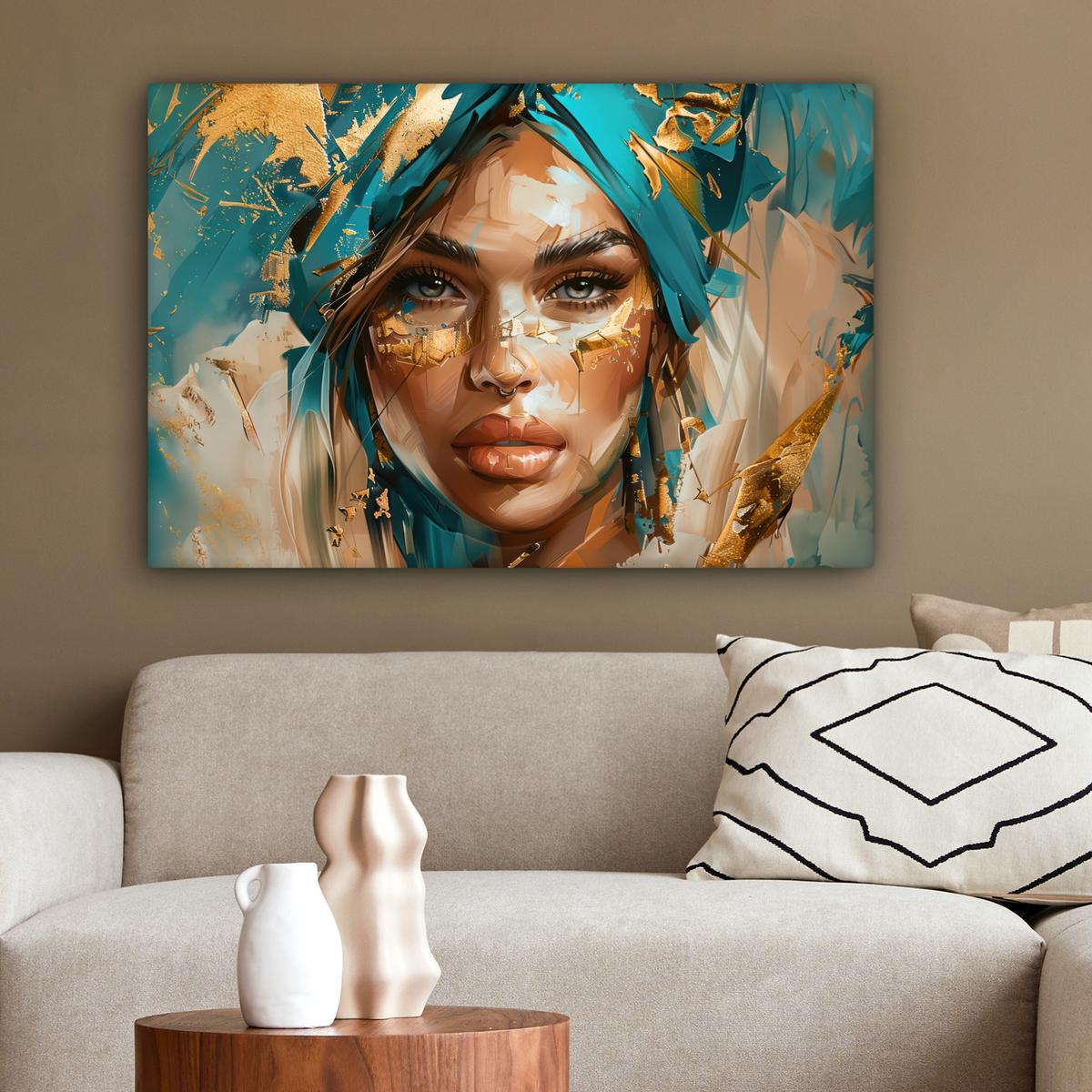 LEINWANDBILD Frau - Porträt - Gold - Luxus - Blau Wanddeko 90x60 cm - Türkis, Textil (90/60cm) - MuchoWow