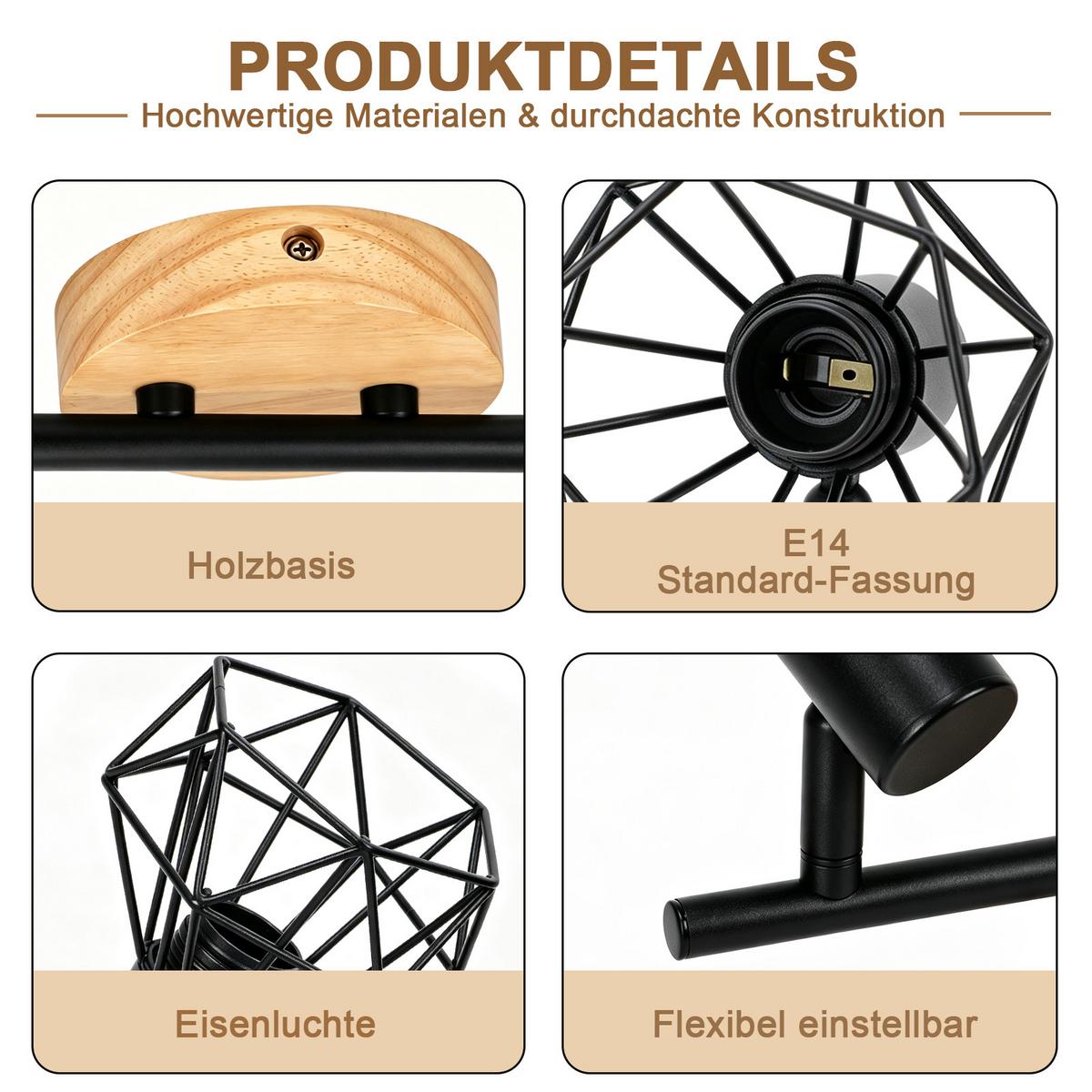 DECKENSTRAHLER Brythvin 28/9.2/15.3 cm - Schwarz/Braun, Holz/Metall (28/9.2/15.3cm) - ZMH