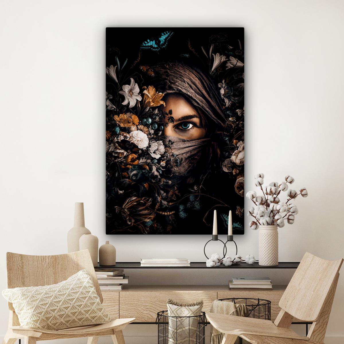 LEINWANDBILD Frau - Luxus - Blumen - Schmetterling - Porträt Deko XXL 80x120 cm - Schwarz, Textil (80/120cm) - MuchoWow