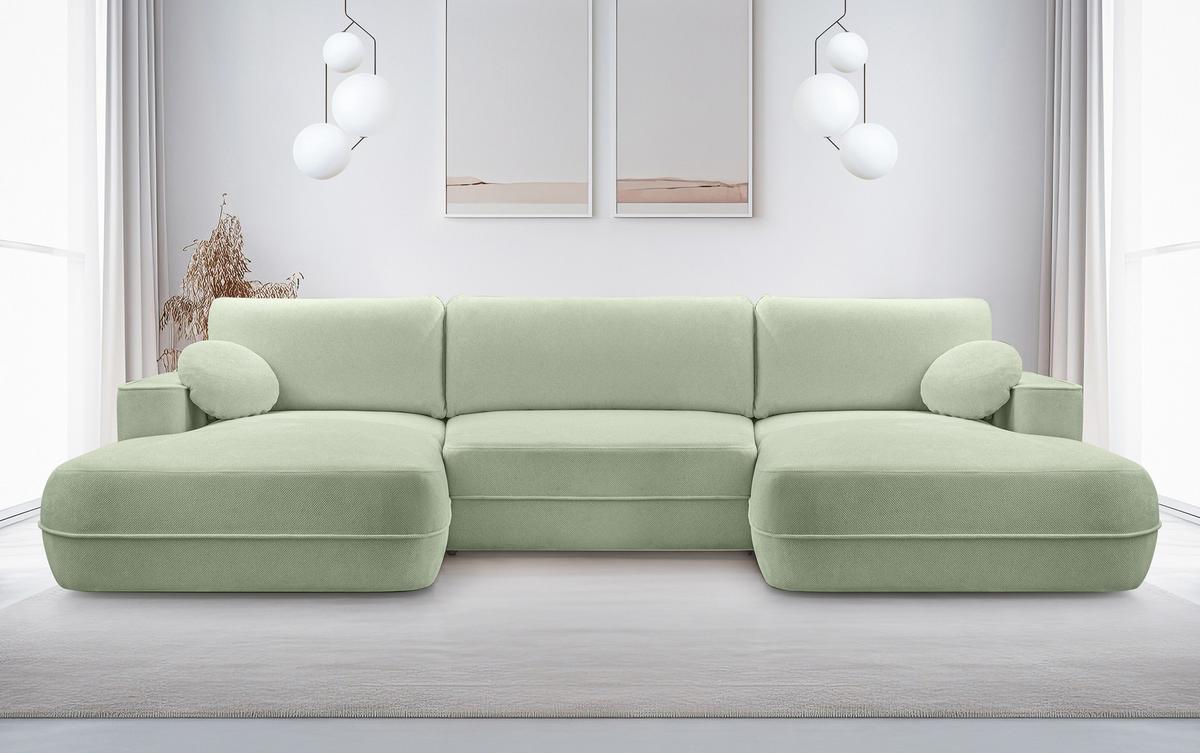 WOHNLANDSCHAFT Peoni Salbeigrün 364/168/87 cm mit Schlaffunktion - Pastellgrün/Schwarz, Kunststoff/Textil (364/87/168cm) - AX Living
