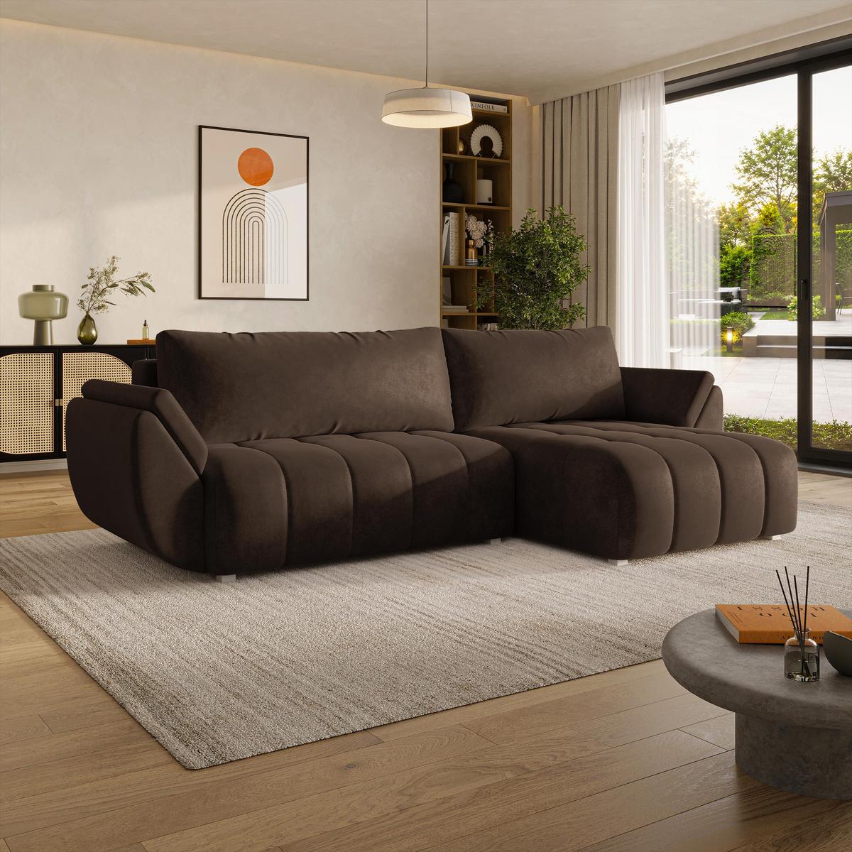 ECKSOFA OLSI Braun Velours-Stoff mit Schlaffunktion - Braun, Holz (285/148cm) - MASSENO