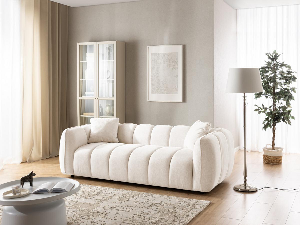 SITZGARNITUR 3+2 Nubira in tief gesteppter Bubble-Optik aus weichem Creme Strukturstoff im modernen Design - Creme/Schwarz, Holz/Kunststoff (228/69/89cm) - S-Style Möbel