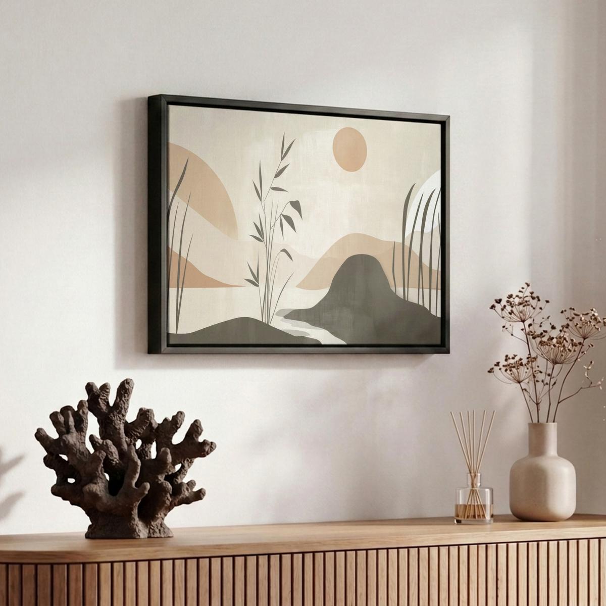 LEINWAND Bilder mit Rahmen - Japandi - Landschaft - Beige - 30x20 - Cognac, Textil (30/20cm) - MuchoWow