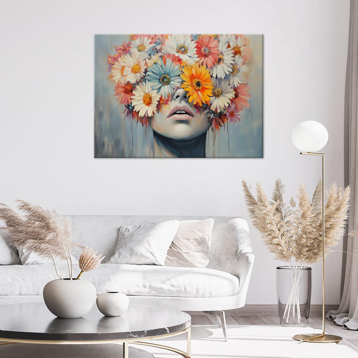 LEINWANDBILD Frau mit Blumen auf dem Kopf Grau Gold 100x70cm - Multicolor, Textil (100/70cm) - Feeby