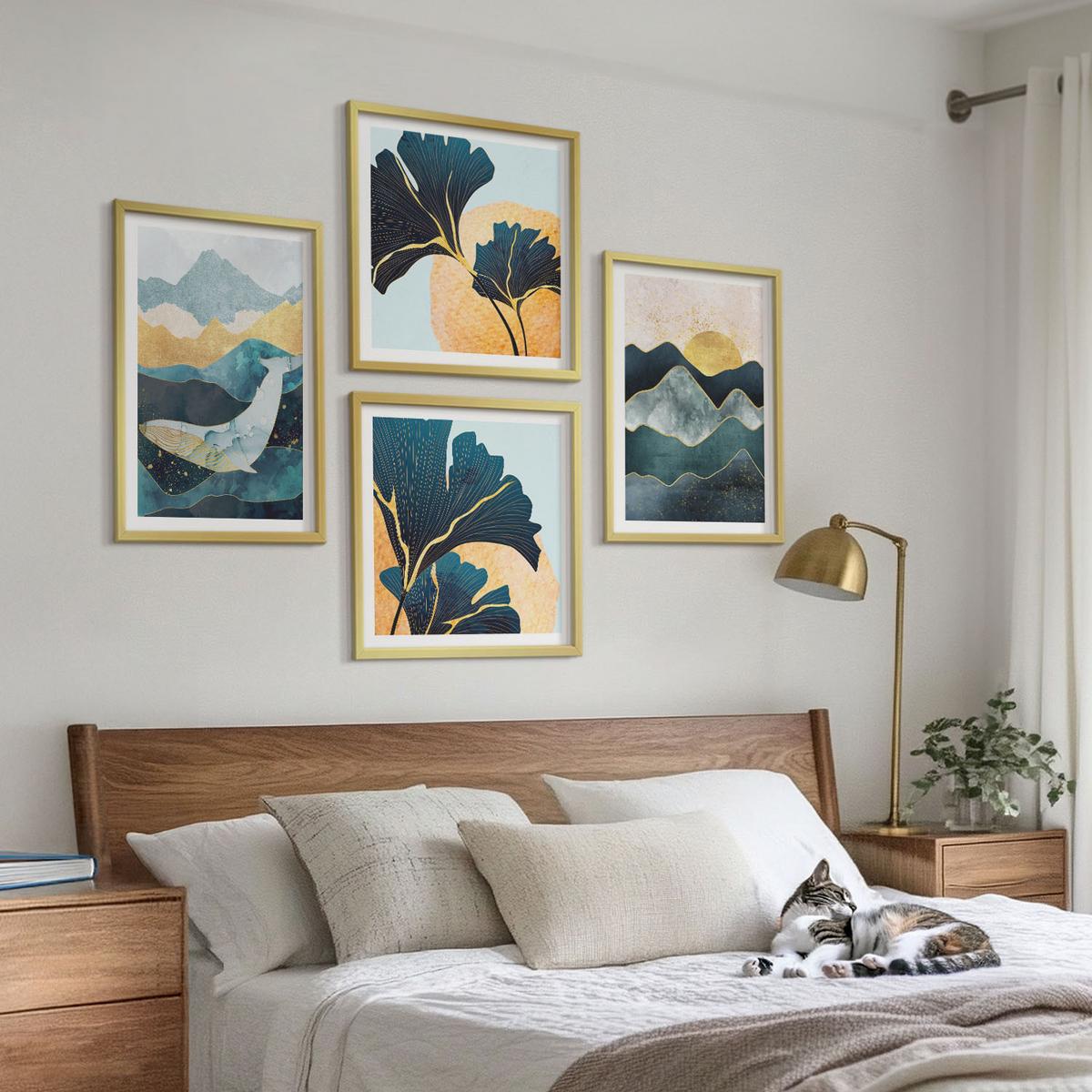 BILDER SET 4er Set - 50x50 cm & 40x60 cm Goldrahmen - Abstrakte ästhetische Berge - Goldfarben, Kunststoff (50/50cm) - TULUP