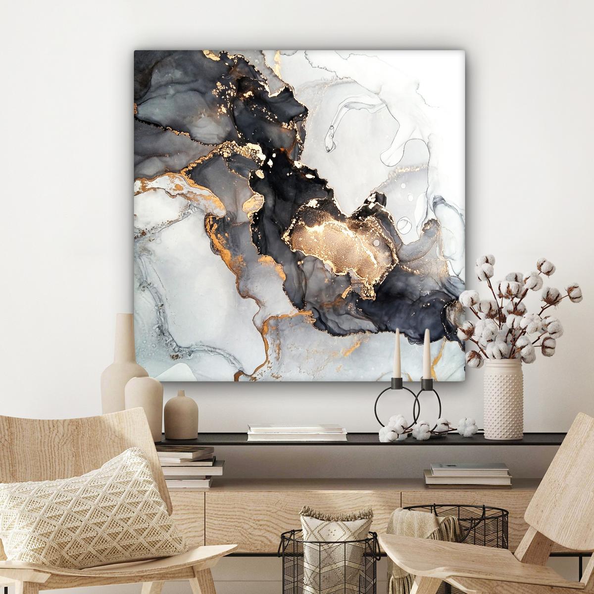 LEINWANDBILD Marmor - Schwarz - Weiß - Gold - Luxus - Abstrakt Deko Groß 90x90 cm - Goldfarben, Textil (90/90cm) - MuchoWow
