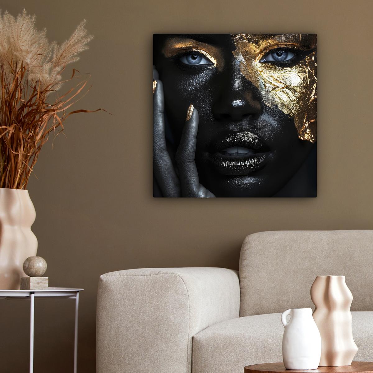 LEINWANDBILD Frau - Gold - Porträt - Schwarz-Weiß - Luxus Wandbild Wohnzimmer 50x50 cm - Hellblau, Textil (50/50cm) - MuchoWow