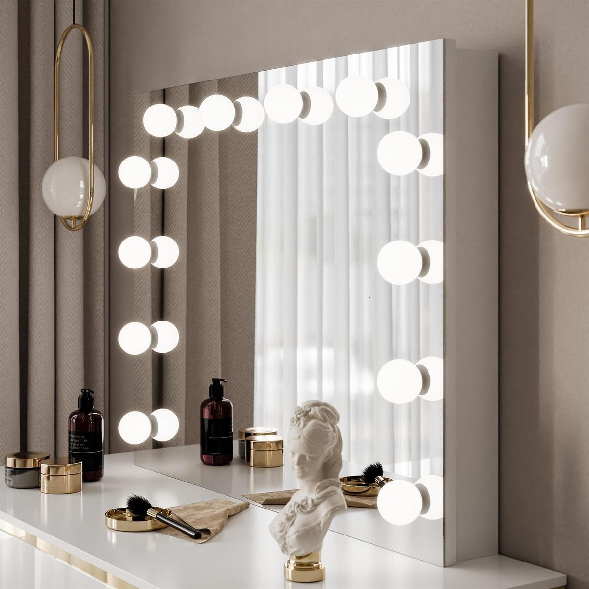 SCHMINKTISCH AURORA GOLD ELITE in Weiß hochglanz mit Spiegel - Weiß Hochglanz/Goldfarben, Holzwerkstoff/Metall (102/144/44cm) - Lookway
