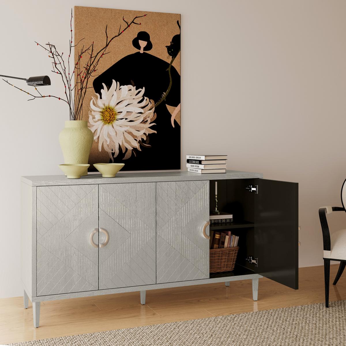 SIDEBOARD Grau Holzoptik mit 4 Türen & Kiefernholzbeinen - Grau, Holzwerkstoff (152/83/40cm) - Urban Meuble
