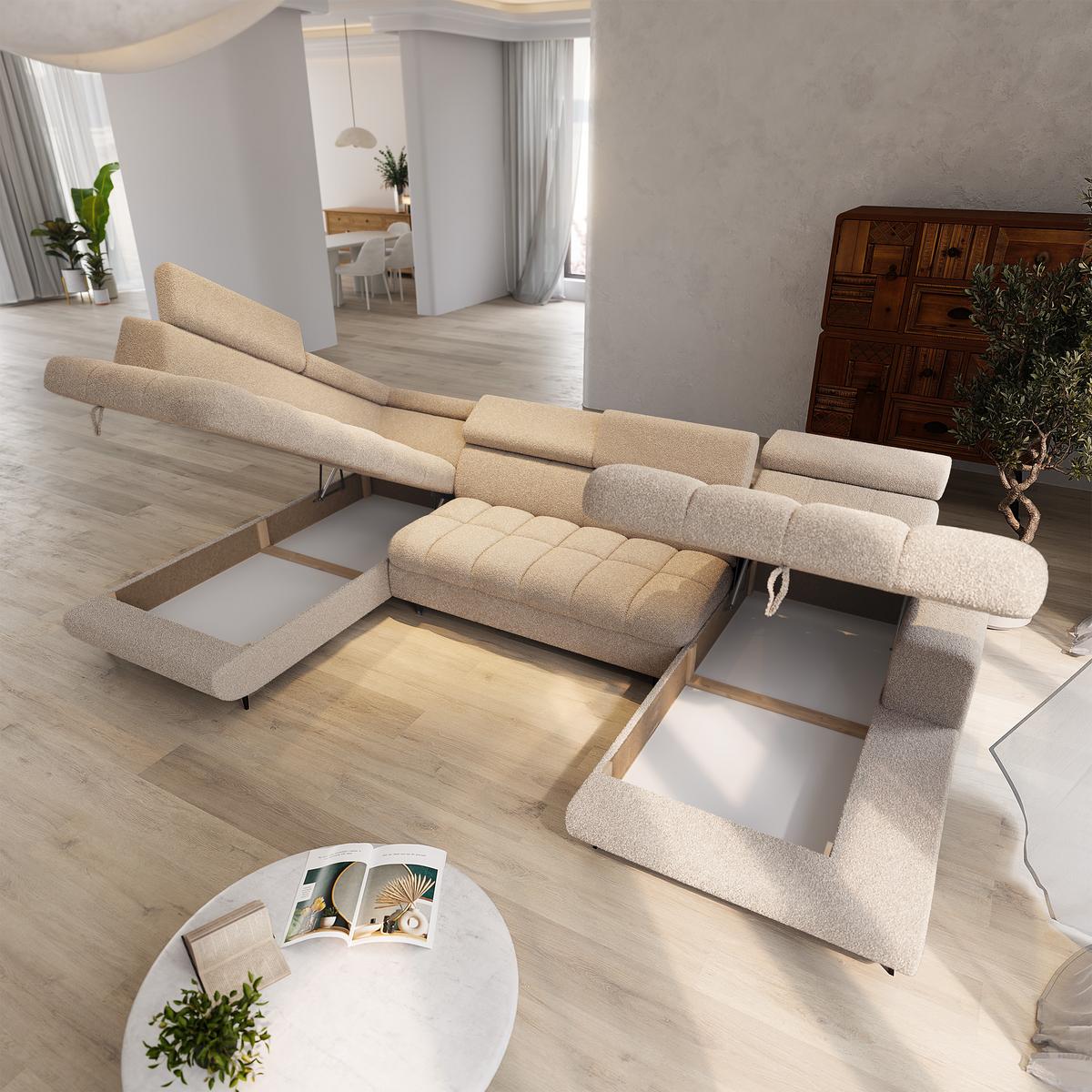 WOHNLANDSCHAFT CORENO Beige Boucle-Stoff mit Schlaffunktion - Beige, Holz (345/88/190cm) - MASSENO