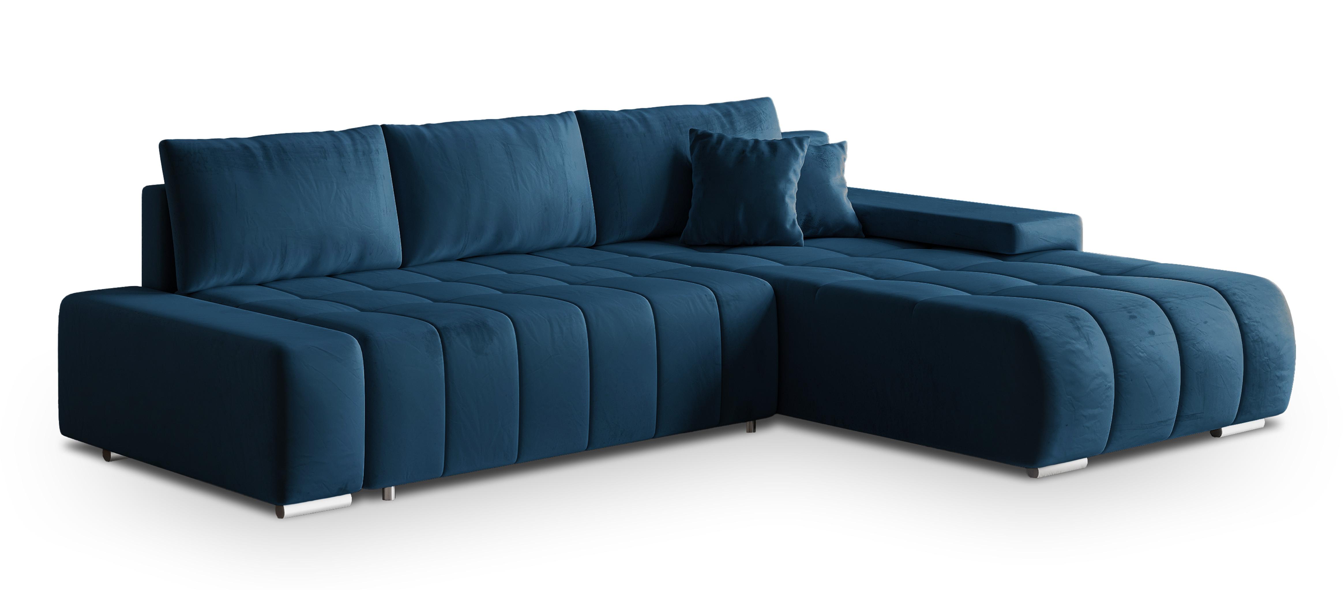 ECKSOFA ALESE R-S Blau Velours-Stoff mit Schlaffunktion - Blau/Silberfarben, Holz/Textil (265/185cm) - MASSENO