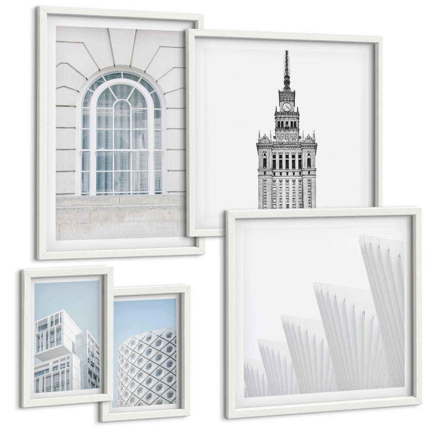 BILDER SET 5er Set - 50x50 cm & 20x30 cm & 40x60 cm Weißer Rahmen - Moderne Architekturgeometrie - Weiß, Kunststoff (40/60cm) - TULUP