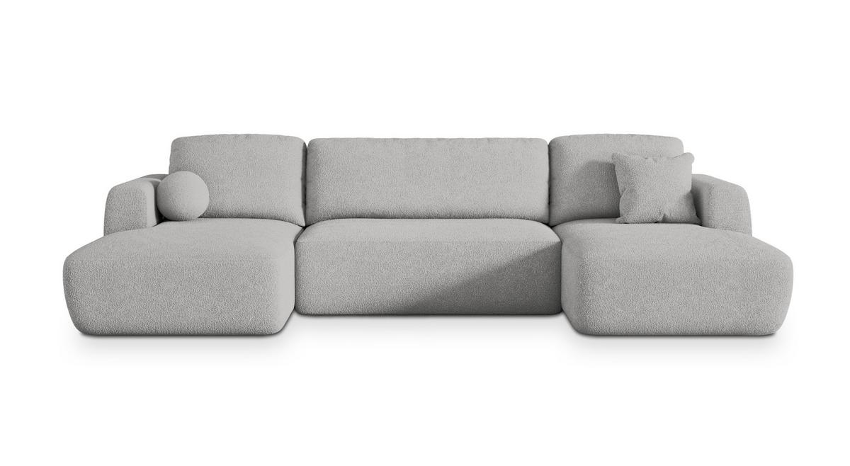 WOHNLANDSCHAFT SENTUM N Hellgrau Boucle-Stoff mit Schlaffunktion - Hellgrau/Schwarz, Holz/Kunststoff (330/90/148cm) - MASSENO