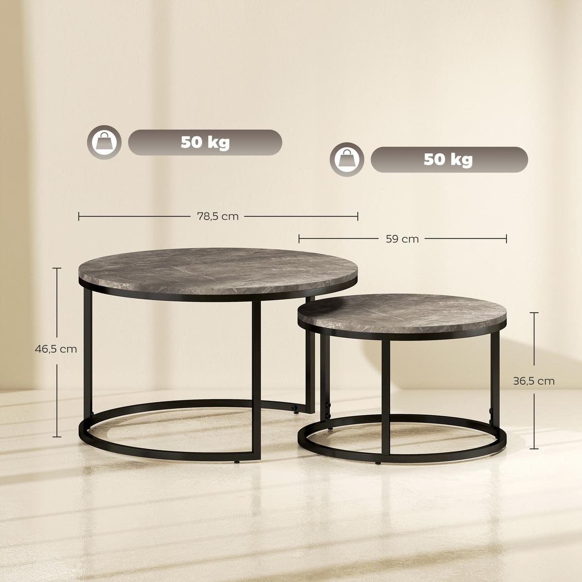COUCHTISCH rund 2er Set Satztisch mit Metallrahmen, Marmoroptik Grau - Dunkelgrau/Schwarz, Holzwerkstoff/Metall (78.5/78.5/46.5cm) - HOMCOM