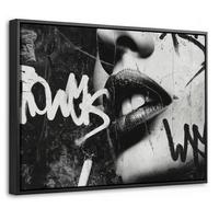 LEINWAND Bilder mit Rahmen - Gesicht - Mund - Graffiti - Schwarz - 40x30 - Schwarz, Textil (40/30cm) - MuchoWow