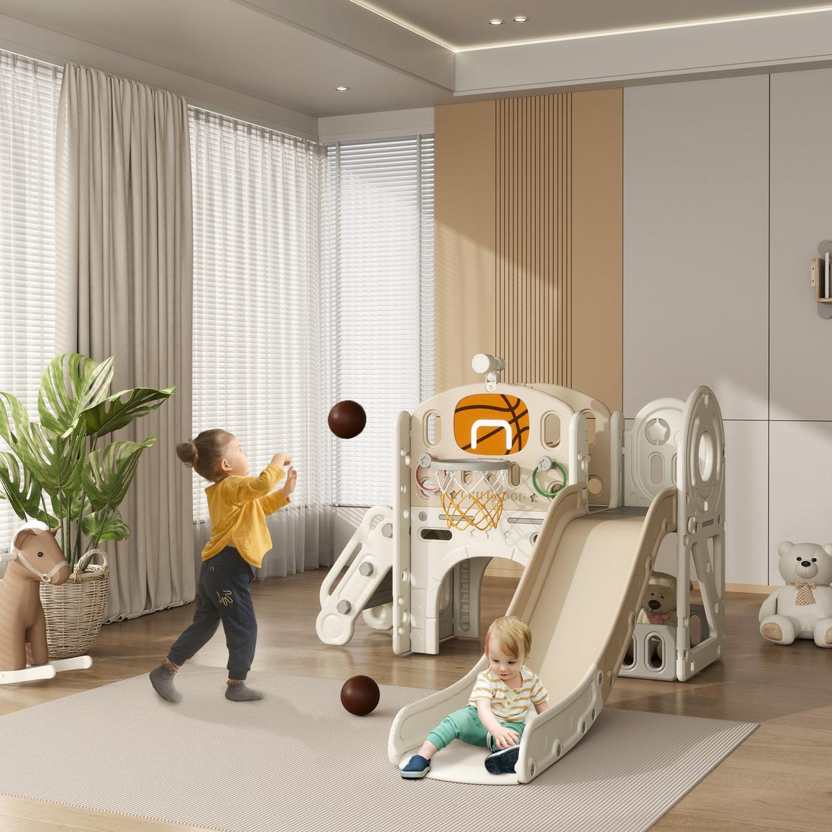 KINDERRUTSCHE, 7-in-1, Kleinkinderrutsche mit Basketballkorb, Klettergerüst - Creme/Weiß, Kunststoff (153/111/186cm) - AIYAPLAY