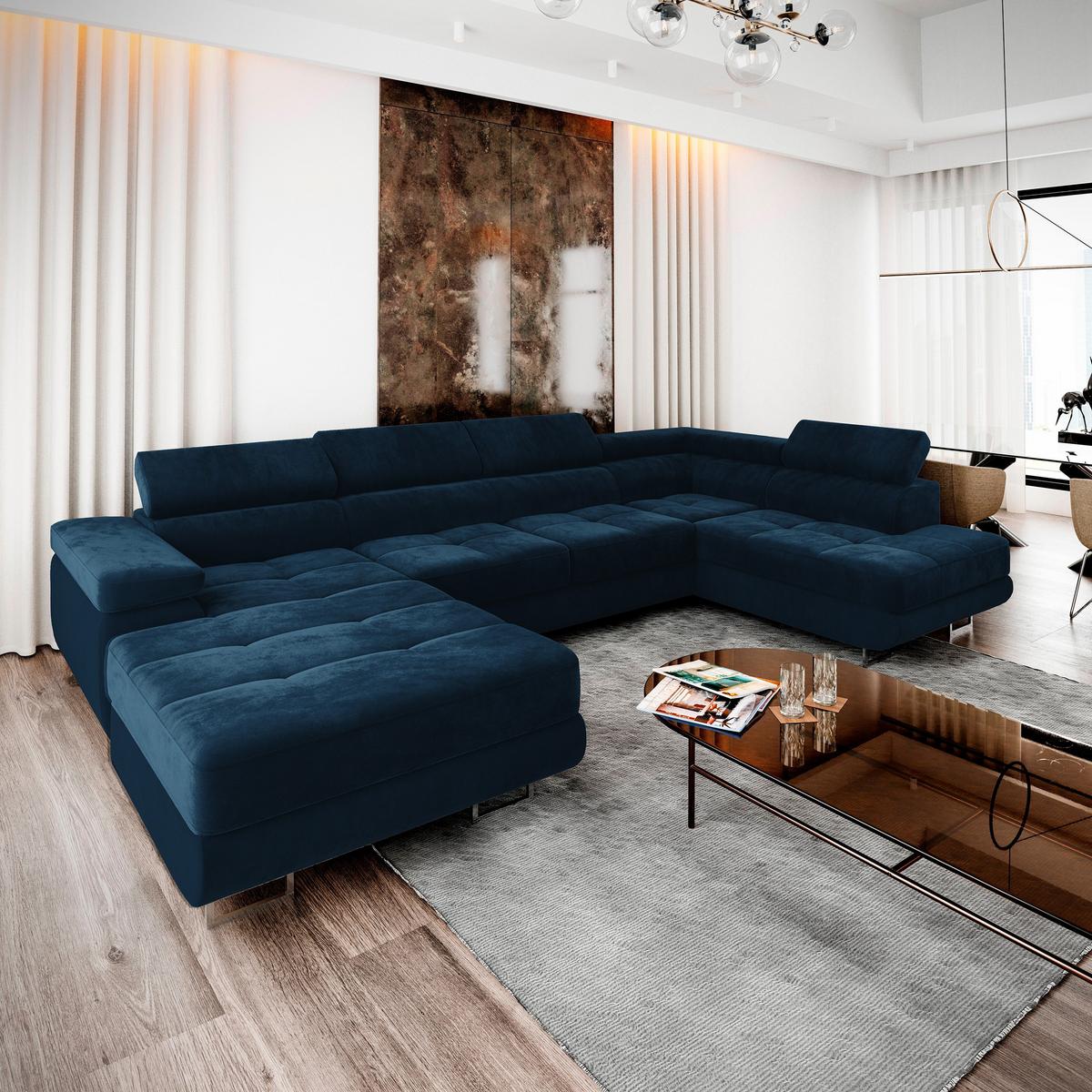 WOHNLANDSCHAFT CASONE R-S Blau Velours-Stoff mit Schlaffunktion - Blau/Silberfarben, Holz/Textil (345/90/202cm) - MASSENO