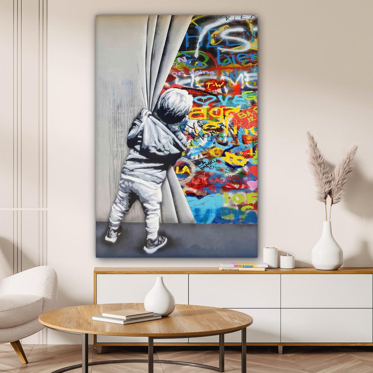 LEINWANDBILD Graffiti - Junge - Ilussie - Straßenkunst Deko Groß 90x140 cm - Hellgrau, Textil (90/140cm) - MuchoWow