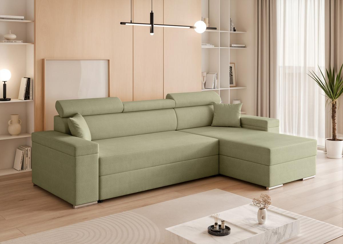 ECKSOFA AISHA Rechts mit Schlaffunktion und Bettkasten Grün - Chromfarben/Grün, Kunststoff/Textil (250/130cm) - Idohome