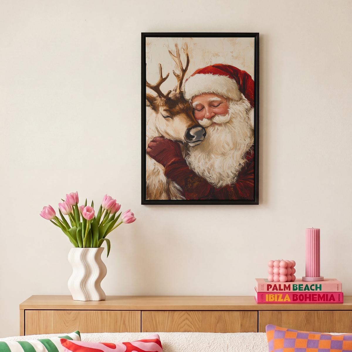 LEINWAND Bilder mit Rahmen - Weihnachtsmann - Rentier - Weihnachten - 20x30 - Rotbraun, Textil (20/30cm) - MuchoWow
