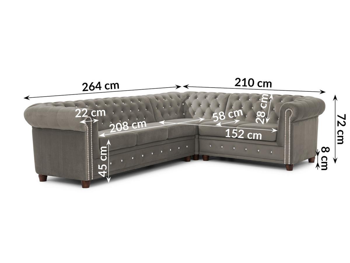 ECKSOFA Chesterfield Cleo Blink Grau Samt mit Kristallsteppung und braunen Massivholzfüßen - Ottomane Rechts - Braun/Grau, Holz/Textil (264/210cm) - S-Style Möbel