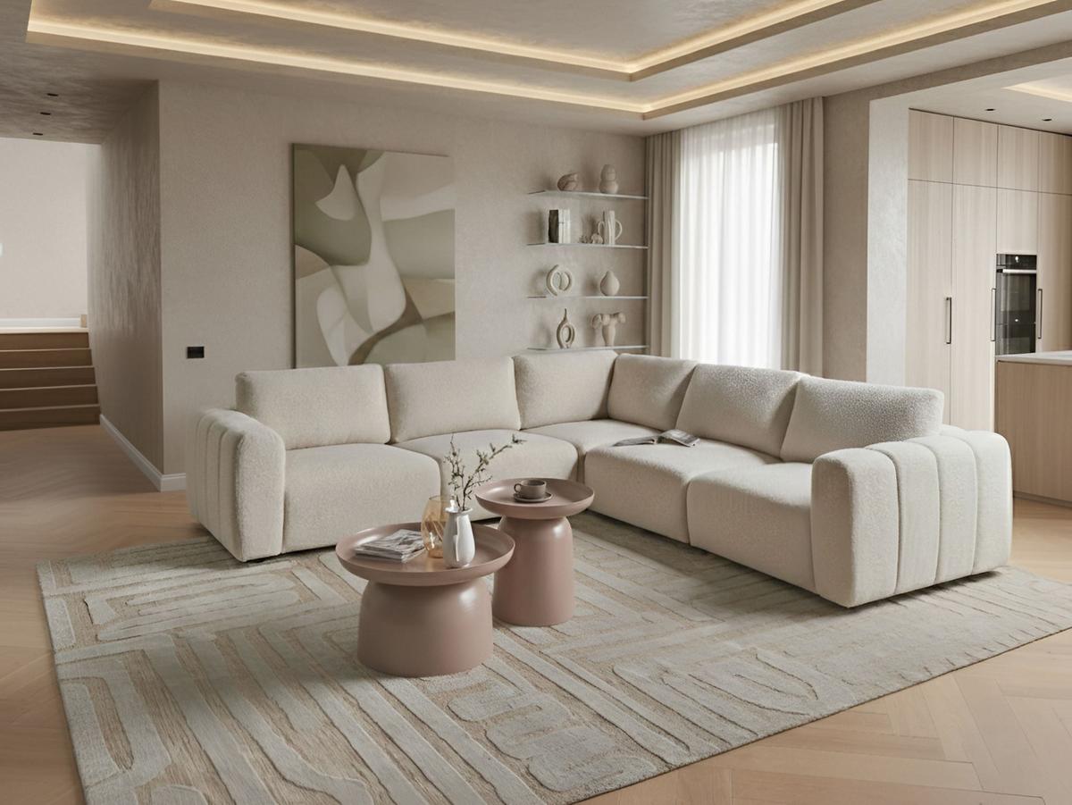 ECKSOFA Modul 5-Sitzer Bouclé Cremeweiß linksseitig Kivvik - Creme, Textil (287/100cm) - Beliani