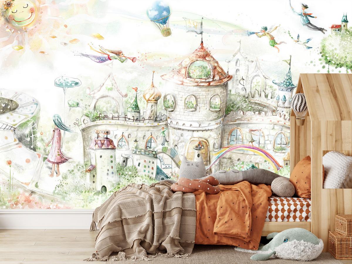 FOTOTAPETE für Kinderzimmer Märchenstadt Schloss Magisch 400x280 - Blau/Gelb, Papier (400/280cm) - Muralo