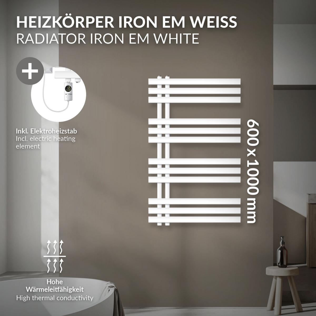 BADHEIZKÖRPER elektrisch Iron EM 600x1000 mm Weiß mit Heizstab 300W Digital - Weiß, Metall (60/100/4cm) - LuxeBath