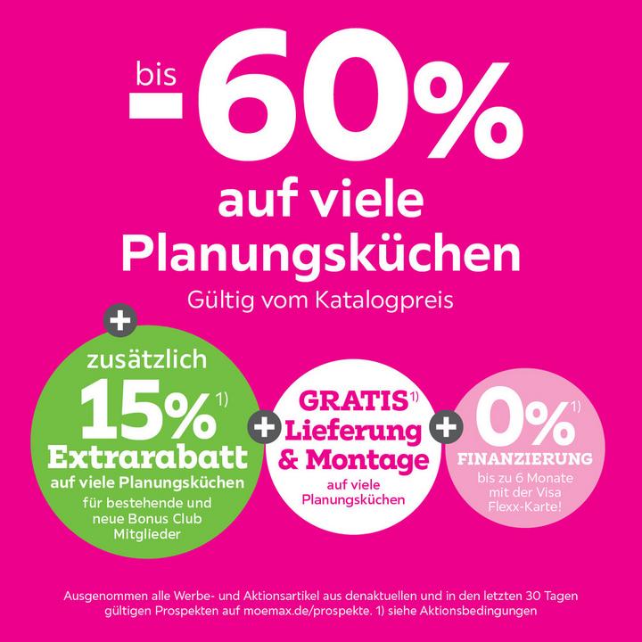 bis -60% auf viele Planungsküchen + 15% Extrarabatt für bestehende und neue Bonus Club Mitglieder + Gratis Lieferung und Montage auf viele Planungsküchen