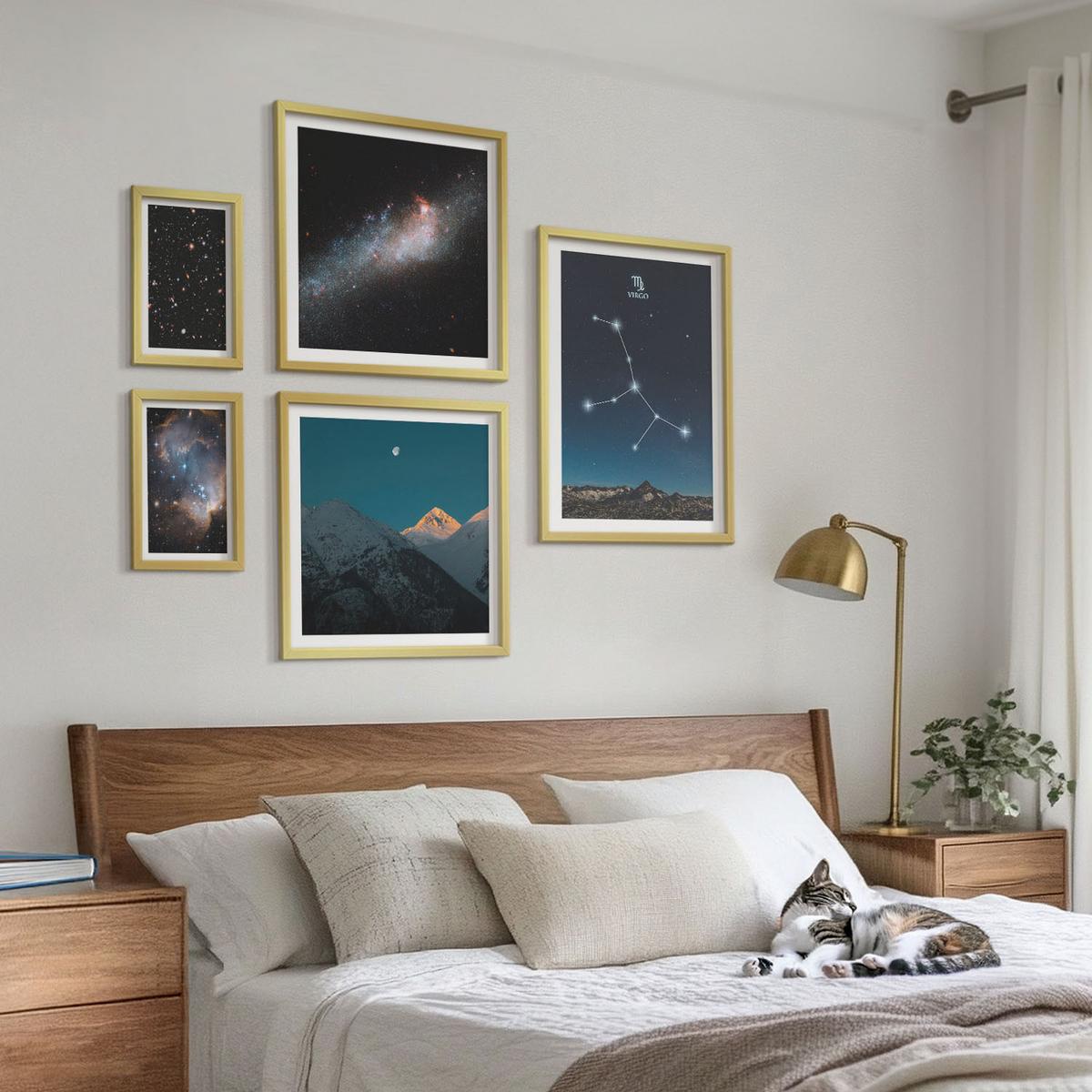 BILDER SET 5er Set - 50x50 cm & 20x30 cm & 40x60 cm Goldrahmen - Jungfrau-Galaxie-Universum - Goldfarben, Kunststoff (40/60cm) - TULUP