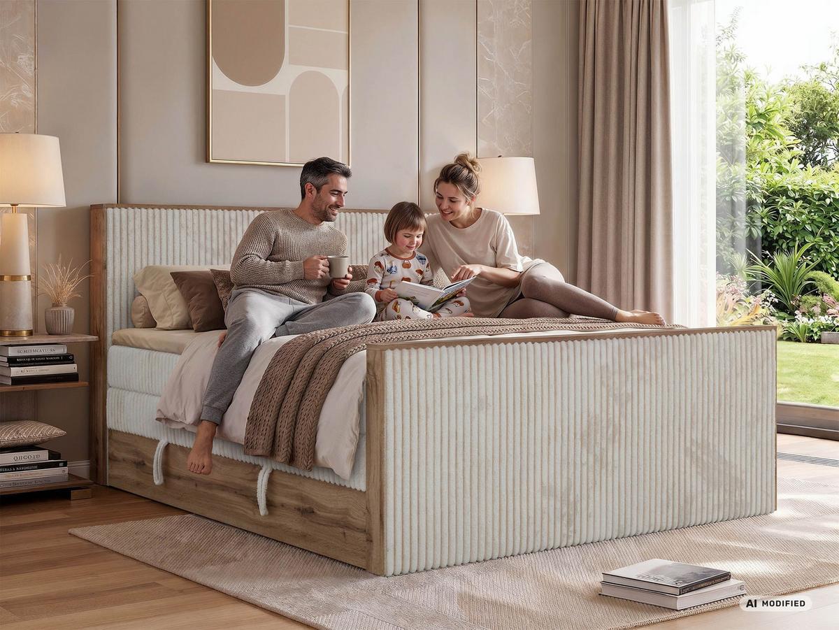 BOXSPRINGBETT WOOD KING DUO 140/200 - Hellbraun Cord - Topper Visco - H4 - Hellbraun/Schwarz, Kunststoff/Textil (140/200cm) - MKS