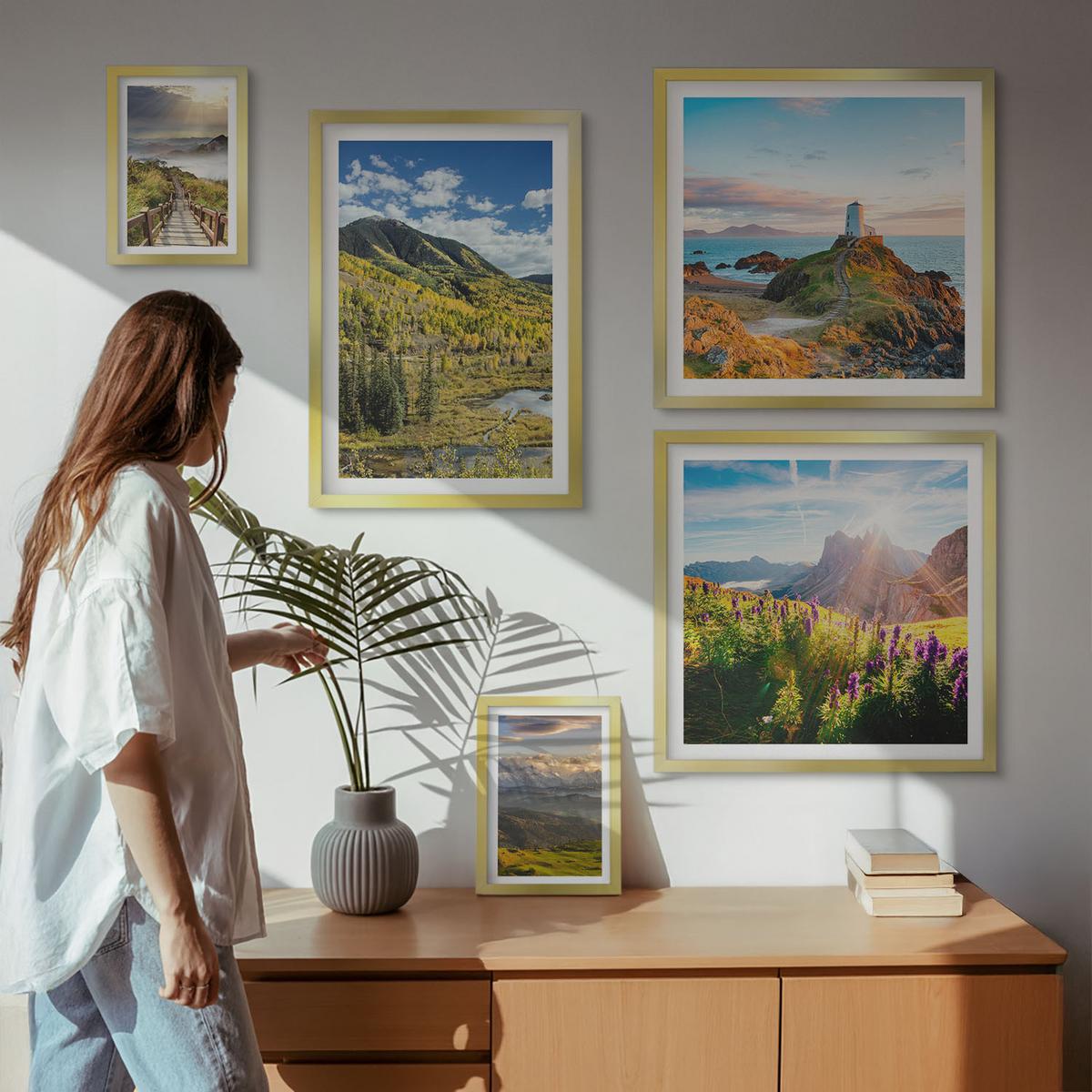 BILDER SET 5er Set - 50x50 cm & 20x30 cm & 40x60 cm Goldrahmen - Berglandschaften Wasserfall - Goldfarben, Kunststoff (40/60cm) - TULUP