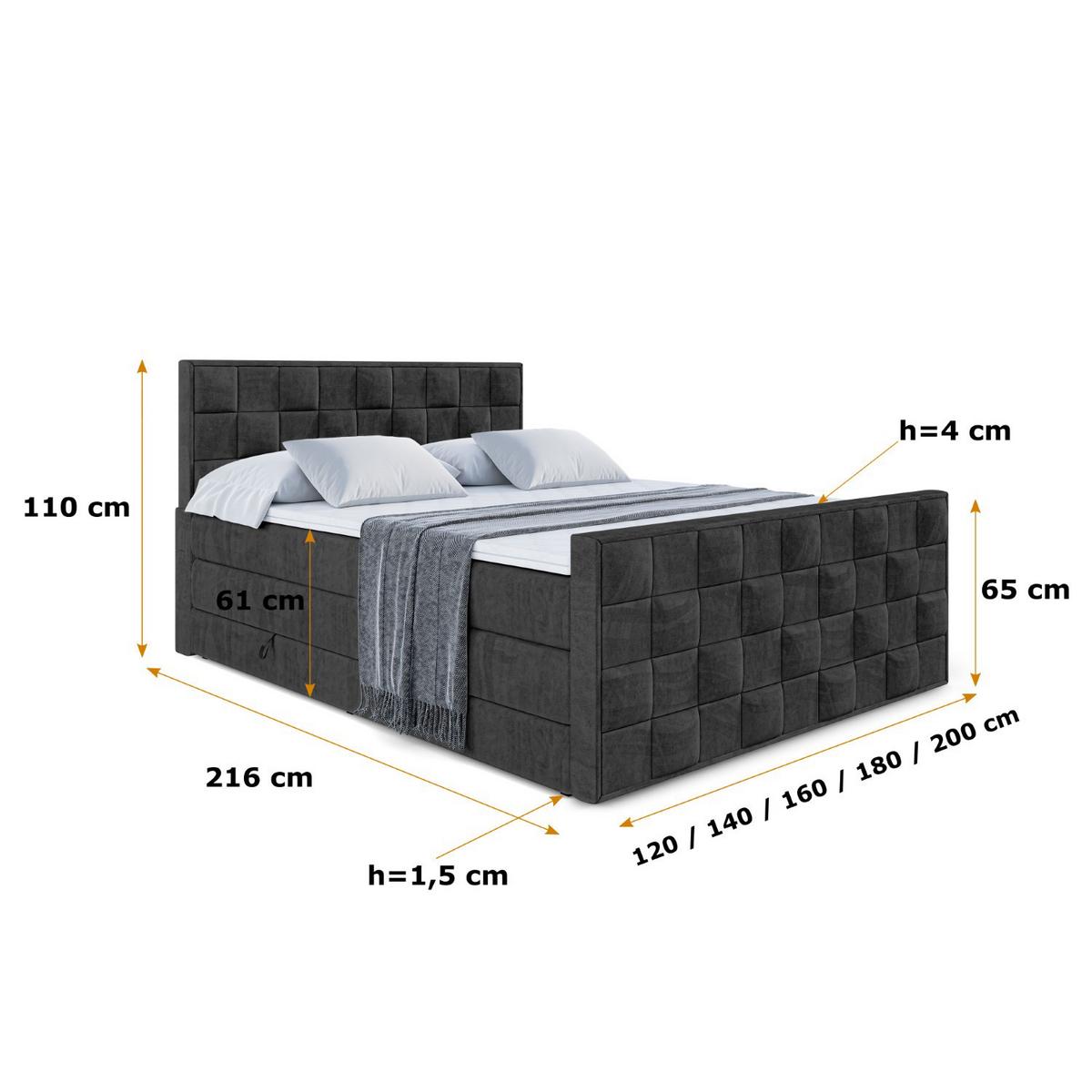 BOXSPRINGBETT ZAFIRA KING - 140 x 200 - H3/H4 - Schwarz - Schwarz, Holzwerkstoff (140/200cm) - ALTDECOR