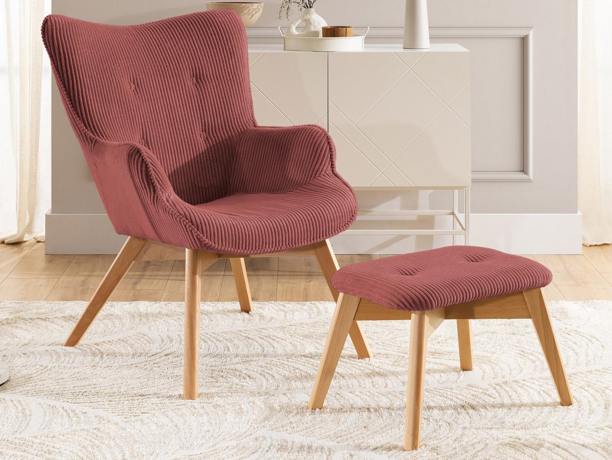 LOUNGESESSEL mit Fußhocker Lenari Terrakotta Cordstoff mit Füßen in Natur - Terracotta/Naturfarben, Holz/Textil (71/96/86cm) - S-Style Möbel