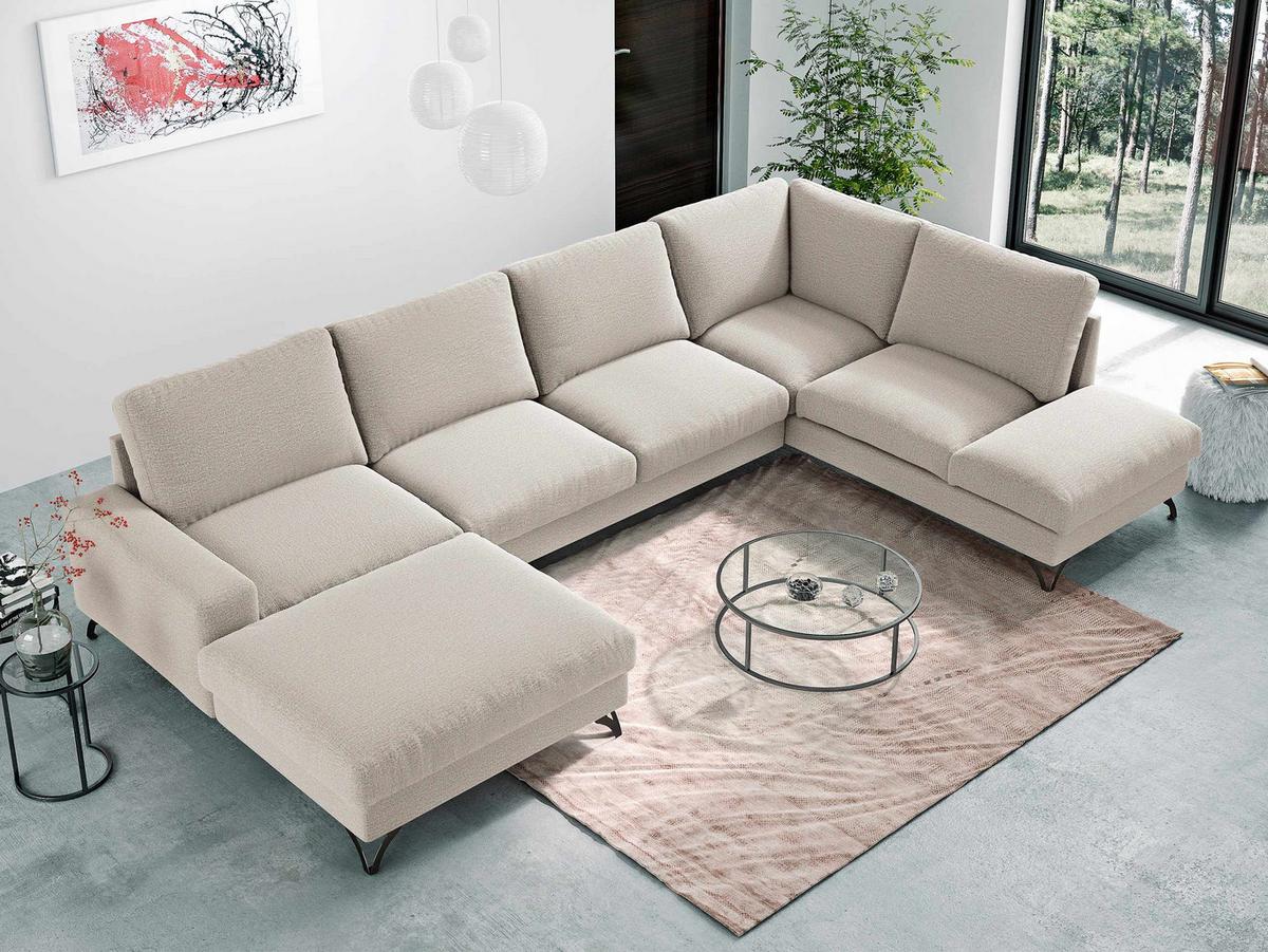 WOHNLANDSCHAFT Flavio U, Seite: Links - L1F+L2F+R3F - Schwarz/Naturfarben, Holz/Textil (367/91/214cm) - MIRJAN24