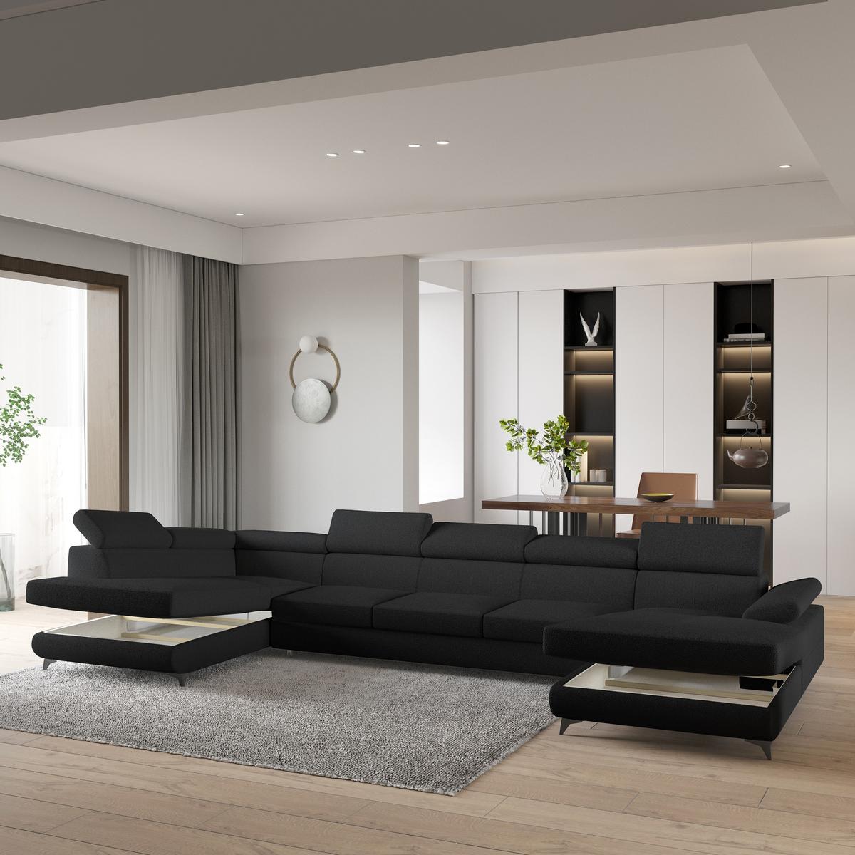 WOHNLANDSCHAFT MONTIVA Schwarz Boucle-Stoff mit Schlaffunktion - Schwarz, Holz (410/89/190cm) - MASSENO