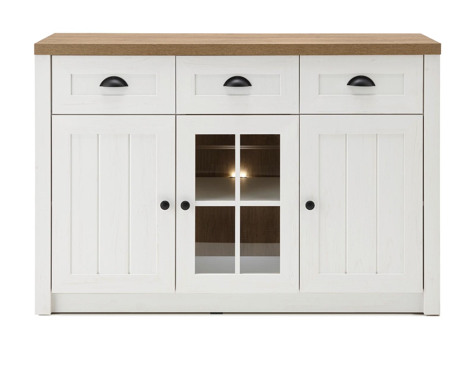 SIDEBOARD weiß Pinie, Eiche hell Landhaus, Kommode 130 x 86 cm - Eichefarben/Schwarz, Holzwerkstoff/Metall (130/86/43cm) - Furn.Design