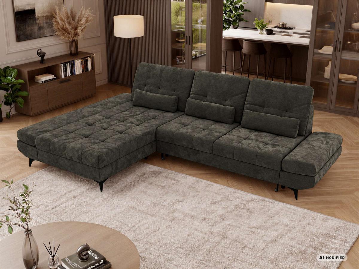 ECKSOFA ALVENO L - Dunkelgrau Schenille glatt - Links Seite - Dunkelgrau/Schwarz, Textil/Metall (218/344cm) - MKS