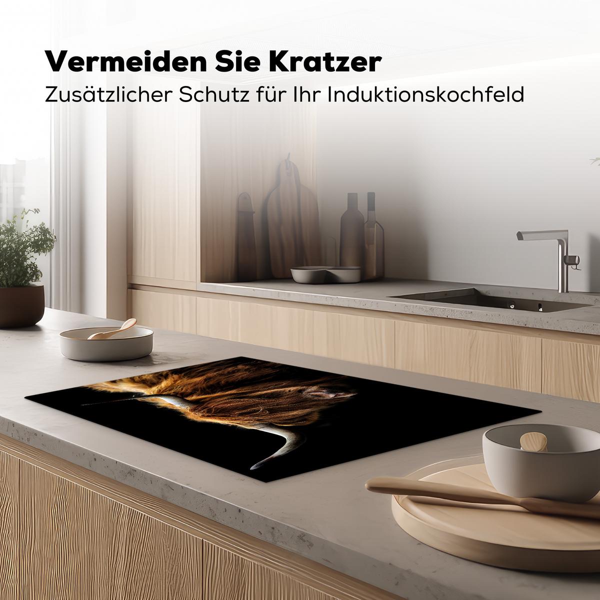 HERDABDECKPLATTE Schottischer Highlander - Hörner - Schwarz - Tiere - Natur - Wild - Kuh Ceranfeldabdeckung 78x52 cm - Cognac, Kunststoff (78/52/0.2cm) - MuchoWow