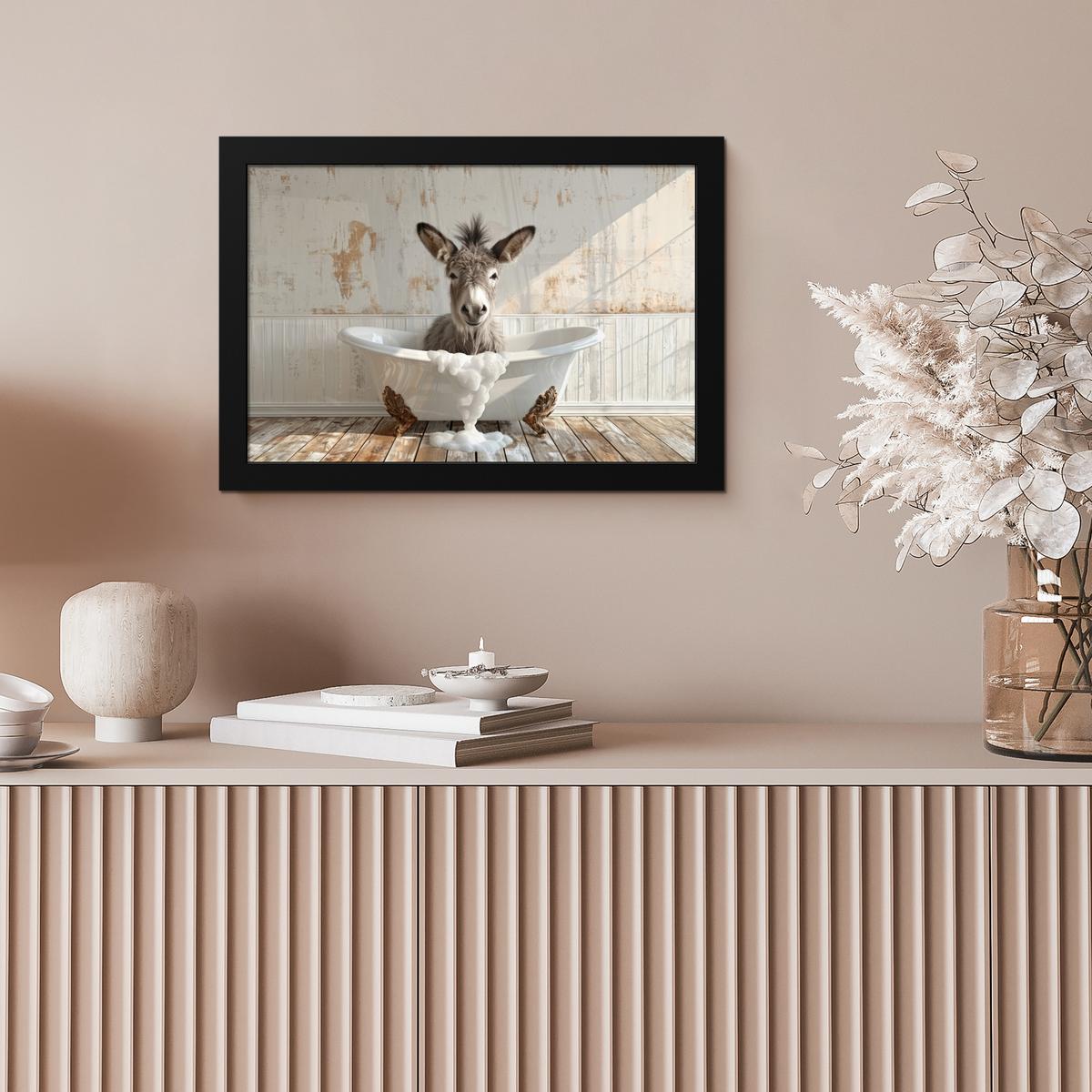 POSTER MIT RAHMENGERAHMTES BILD Esel - Tiere - Badewanne - Schaumstoff 30x20 cm - Weiß, Papier (30/20cm) - MuchoWow