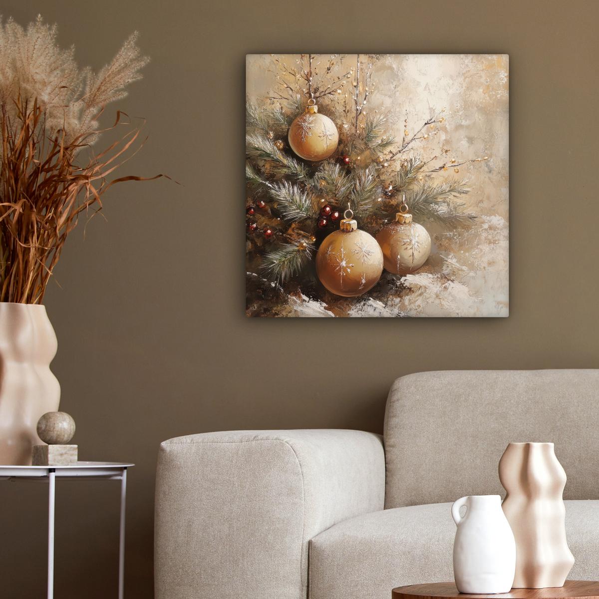 LEINWANDBILD Weihnachten - Kugeln - Beige - Gold Wandbild Wohnzimmer 50x50 cm - Goldfarben, Textil (50/50cm) - MuchoWow