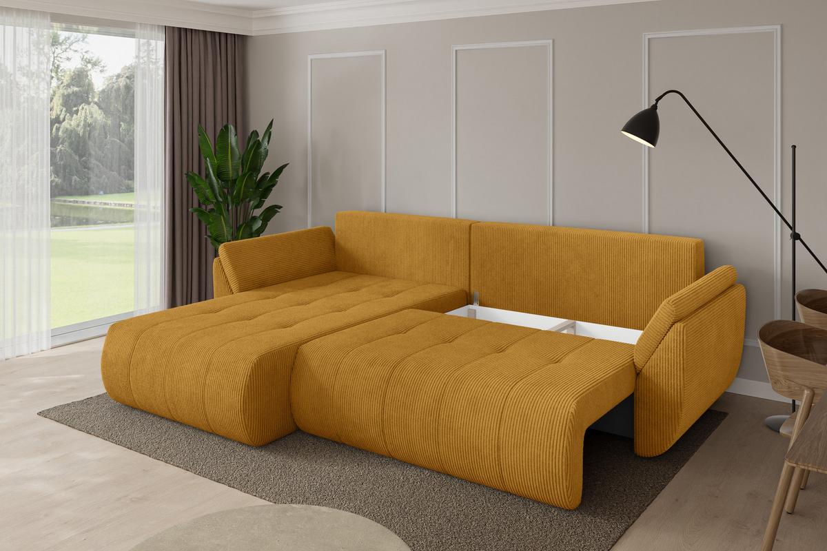 ECKSOFA mit Schlaffunktion Ottomane Links TOKO-L 277x194x86 Senfgelb Cord - Dunkelgelb/Schwarz, Holzwerkstoff/Kunststoff (277/194cm) - ALTDECOR